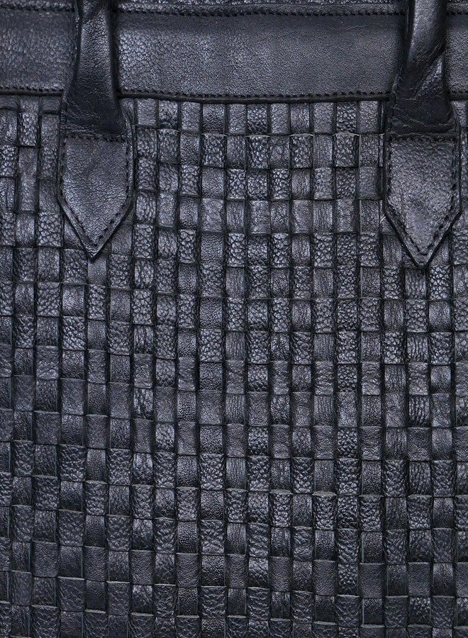 Celtic Genuine Leather Tote Bag Black with Woven Front, Zip Closure & Dual Carry Handles - Image 3